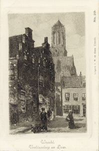 1901 Gezicht op de zijgevel van het huis Achter St.-Pieter 14 te Utrecht met op de achtergrond de Domtoren.